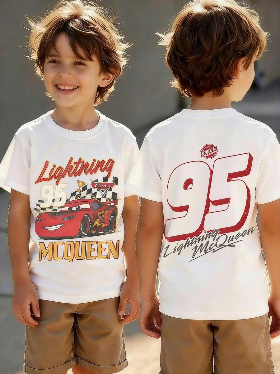 Disney's *Cars* "Lightning McQueen-No. 95" Graphic Summer T-Shirt-A Perfect Gift For Children, Suitable For Both Boys And Girls To Wear During Holiday Parties, Family Meals, Outdoor Activities, Travel, And Visits To Disney Parks. - White - View 1