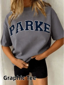 2026 Unisex Casual "PARKE" Letter Print Loose Pullover Sweatshirt, Encountering Lazy Fashion.Casual Daily Wear,Winter Clothes For Women,Clothes,Hoodie,Tops,Spring Break,Long Sleeve Tops Women - 深灰色 - 查看 2