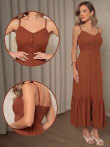 Elegant Women's Long Dress With Padded Cups, Lining, Adjustable Straps, And Front Buttons - Burnt Orange - View 1