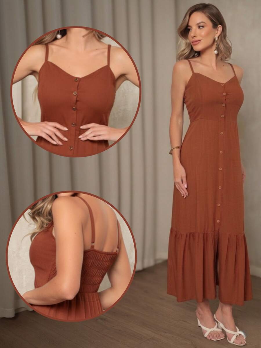 Elegant Women's Long Dress With Padded Cups, Lining, Adjustable Straps, And Front Buttons - Burnt Orange - View 1