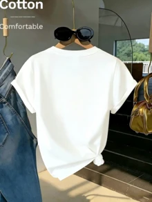 T-shirt blanc décontracté à manches courtes, col rond, imprimé trèfle à quatre feuilles et inscription, idéal pour les étudiantes en été, stimulant l'imagination et l'expression de soi. - Blanc - Voir 3