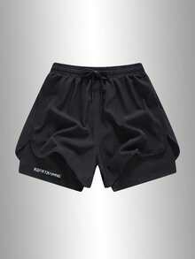 Men's 2-In-1 Shorts, 1pc, Drawstring Design With Printed Pattern, Comfortable Fabric, With Pockets, Suitable For Sports And Outdoor - Black - View 2