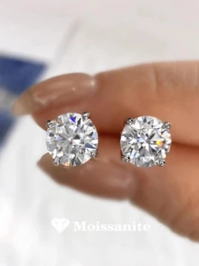 1 Pair Elegant Moissanite 925 Sterling Silver 4-Prong Stud Earrings, Suitable For Anniversary, Birthday, Wedding Gift - Silver - View 2