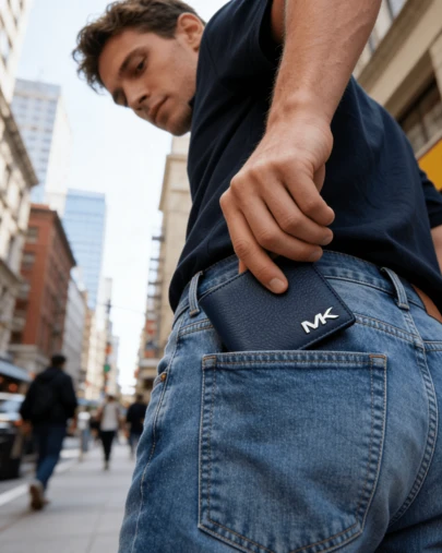 Michael Kors Carteira MK Cooper dobrável com bloqueio RFID, fina e minimalista, para bolso frontal.