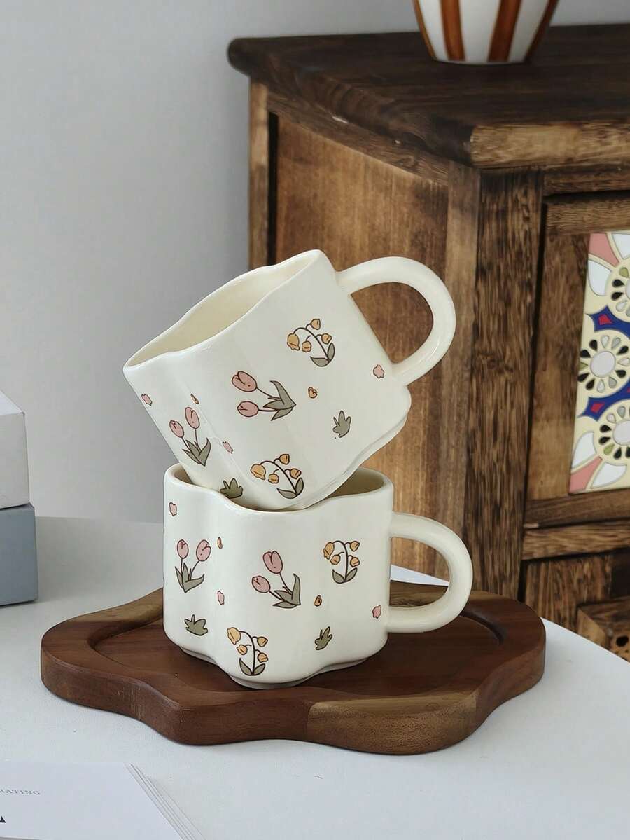 1pc2pc6.76 Oz. Charming Floral-Patterned Ceramic Mug - Elevate Your Coffee Experience And Ambiance; An Ideal Gift Choice For Moms And Best Friends. Perfect For Breakfast, Morning Coffee, Office Use, Afternoon Tea, Birthdays, Christmas, And Everyday Enjoyment. - Multicolor - View 1