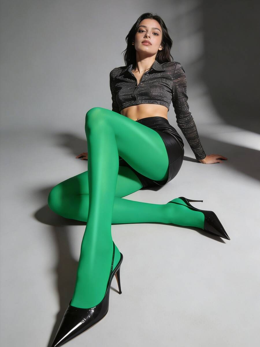 Quần tất nữ màu xanh bóng - Quần legging co giãn bóng bẩy, chất liệu giả da, thích hợp cho hộp đêm, tiệc tùng và thời trang hàng ngày. - màu xanh lá - Xem 1