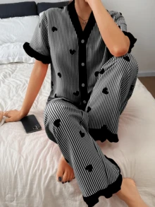 Dreamivo Valentine's Day Ruffled Elegant Women's Pajama Set - Striped Heart Pattern V-Neck Short Sleeve Top And Long Pants, Lightweight Sleepwear - Black - View 3