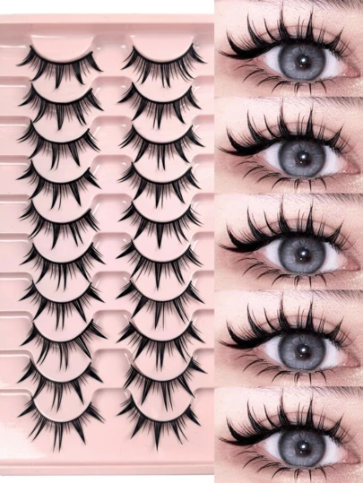 10对装 漫画风格湿润泰式动漫角色扮演假睫毛 18mm 浓密卷翘 戏剧娃娃睫毛 日韩风 适合舞台和化装舞会佩戴