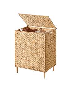 34.3 Gal. Laundry Hamper, 2-Section Handwoven Water Hyacinth Wicker Laundry Basket With Lid, Removable Liners, Natural - Yellow - View 2