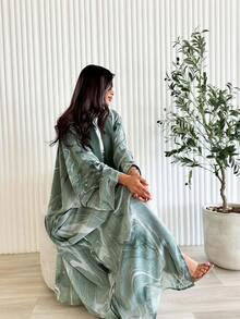 1 Women's Color-Blocked Multi-Color Long Abaya Fashion Casual Cardigan, Color-Blocked Artistic Robe Coat, Made Of High-Quality Cotton And Linen Fabric With A Soft Satin Finish, Exuding Gentleness And Modesty, Suitable For Everyday Wear. - 橄欖綠 - 查看 2