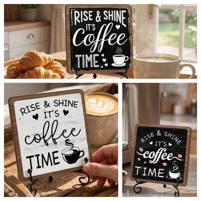 1/3pcs "Good Morning, Coffee Time" Vintage Wooden Sign, Rustic Style Coffee Bar Decor, Desktop Display With Metal Stand, Perfect For Kitchen Counter And Coffee Corner, Ideal Gift For Coffee Lovers