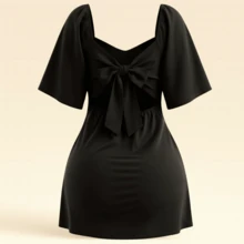 Plus Size Short Princess Dress, Loose Fit, With Gathered Neckline And Short Sleeves, Elegant, Sizes 46 To 56 - Black - View 2