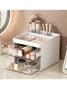 White Makeup Storage Box With Drawers, Plastic Desktop Organizer Rack, Multi-Functional Desk Tidy Box, Stationery Storage Container, Pen Holder, Cosmetic Display Stand, Makeup Brush Holder, Skincare Products Storage Box, Suitable For Bathroom, Study, Vanity, Can Be A Gift For Mom, Also Suitable For Beach, Bathroom, Bedroom, Large Capacity - White - View 6