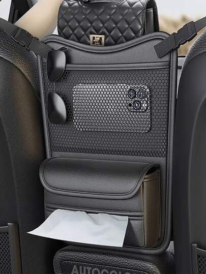 Boîte de rangement pour l'espace entre les sièges de voiture - Boîte de rangement et poche en cuir PU premium pour la console centrale - Antidérapant entre les sièges avant, gardant votre téléphone, pièces, clés et lunettes de mode à portée de main - Conception universelle, s'adapte à la plupart des modèles de voiture (Noir/Marron)