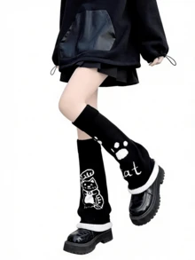 1 Pair Cute Cat Lolita Black Goth Knitted Leg Warmers - Multicolor - View 1