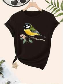 1pc Women's Plus Size Short Sleeve T-Shirt - Elegant Round Neck Blouse With Bird & Peach Blossom Branch Print, Breathable Fabric Suitable For All Seasons, Machine Washable Loose Fit Top For Spring Summer Casual Wear Or Layering - 黑色 - 查看 11