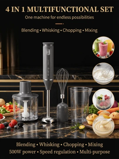 SOKANY 4-In-1 Hand Blender Set, Including Multi-Function Blending Stick, Whisk, Chopper And Measuring Cup, Suitable For Food Processing And Baby Food Blending