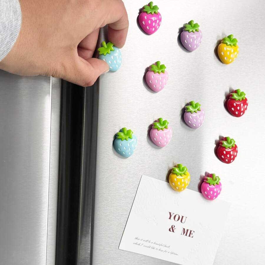 12pcs Colorful Strawberry Fridge Magnets, Strong Adhesive, Kitchen Office Refrigerator Decor, Home Decoration Accessories - 12 PCS - View 1