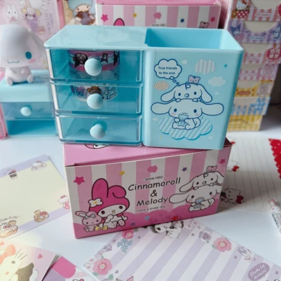 SANRIO 1个黑色米粒卡通桌面笔筒，带抽屉收纳盒，可爱多功能笔袋，学生/办公桌两用收纳盒，高颜值校园必备，返校季、生日好礼