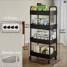 Multifunctional Rolling Utility Cart, 3/4-Tier Mobile Storage Organizer With Wheels, Space-Saving Plastic Shelving Unit, For Kitchen Bathroom Living Room Bedroom Garage, Modern Home Decor, Black/White Options Available - 四層升級款 - 查看 6