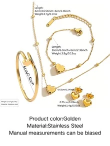 1 Set de Joyería Elegante y Delicada de Acero Inoxidable, Incluye Collar con Colgante en Forma de Corazón, Pulsera con Cuentas, Aretes en Forma de Corazón y Pulsera de Tachuelas, Adecuado para Uso Diario o Citas de Mujeres, Gran Regalo para Ella - Amarillo Oro - Ver 2