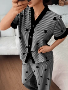 Dreamivo Valentine's Day Ruffled Elegant Women's Pajama Set - Striped Heart Pattern V-Neck Short Sleeve Top And Long Pants, Lightweight Sleepwear - Black - View 5