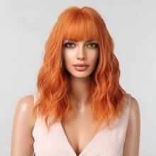 14 Inch Ginger Orange Loose Wave Hair Wigs With Bangs Synthetic Fiber Hair Wigs For Women Girls Elegant Party Cosplay Daily Wigs Music Festival - Coral Orange - View 3
