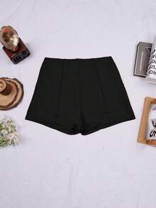 Women's Solid Black Medium Waist Elastic Fitted Casual Shorts, Fine Stitching Detail Design And Skinny Cut Short Pants, Casual Summer Wear - màu đen - Xem 6
