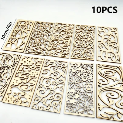10pcs Linden Wood Decorative Set, Suitable For Scrapbooking Projects, Handmade Hollow Rectangle Decor Items For Home Decoration
