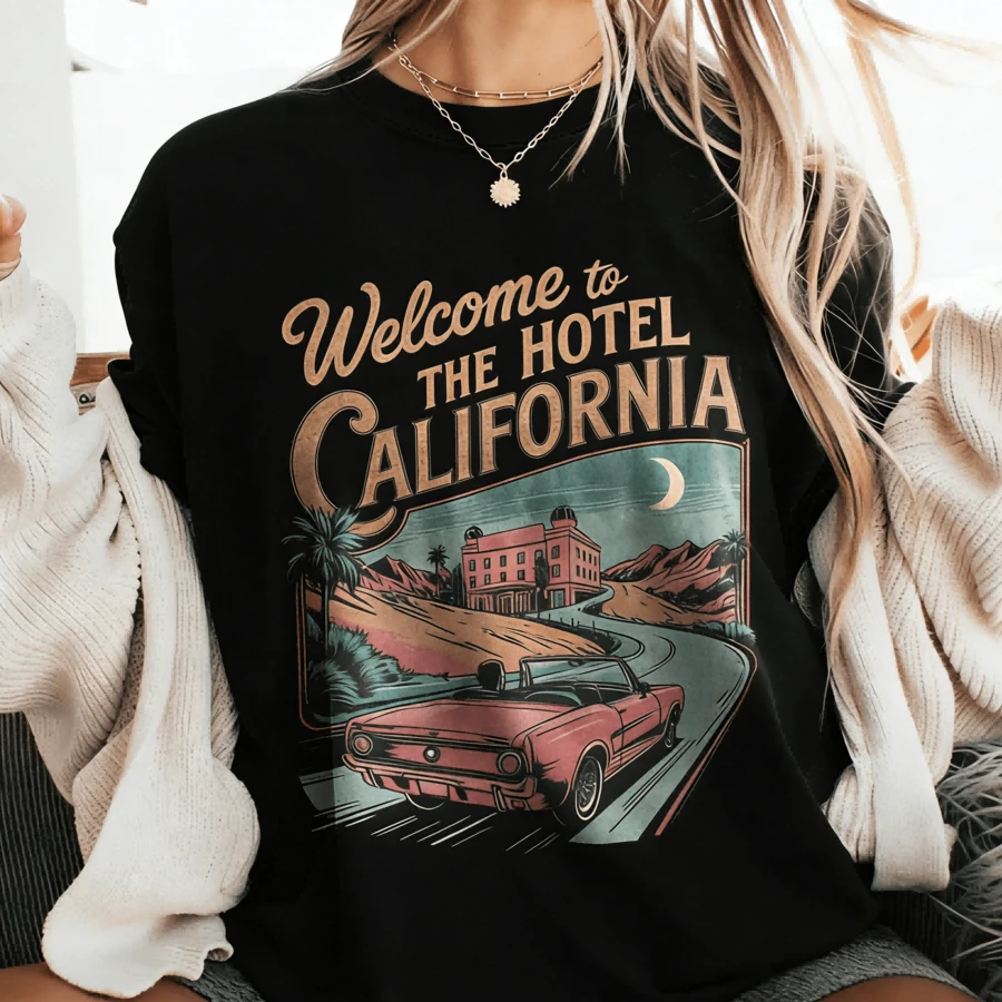 Retro 70s Rock Shirt, Comfort Co*Ors Band Tee, Vintage California Graphic T-Shirt, Classic Rock Road Trip Top, Retro Music Festival Tee - 黑色 - 查看 1