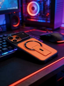 Ốp lưng điện thoại từ tính với giá đỡ đa chức năng ẩn, tương thích với iPhone 17 Air 16 15 14 13 12 11 Pro Plus Max, Galaxy S26 25 24 23 Ultra FE A30 A56 A37 A57 A06 A16 A07 A17, kèm theo miếng dán bảo vệ ống kính. - trái cam - Xem 5