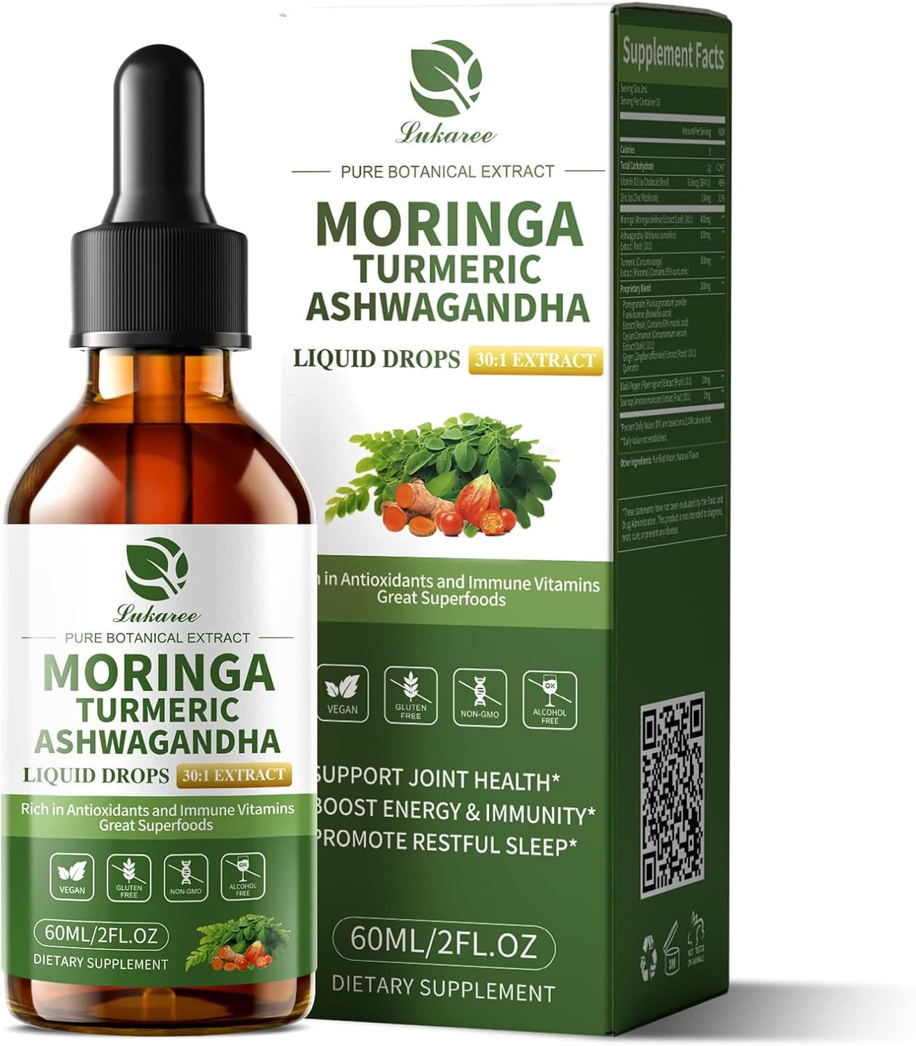 LUKAREE 12-In-1 Organic Moringa Drops With Ashwagandha Turmeric Quercetin, Lipsomal 98% Absorption & 30:1 Extract For Energy Immune Joint Digestive Metabolism, Vegan Non-GMO, More Potency Than Moringa Powder - 2 液體盎司(1 瓶裝) - 查看 1