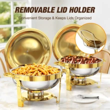 Gold Chafing Dishes For Buffet With Glass Lid (5QT, 1/2/4 Pack), Round Chafer & Warmer Set With Lid Holder, Polished 316 Stainless Steel, Rolled Rim Process, Chafing Dishes For Buffet For Catering Events, Parties, Weddings - Nắp thép mạ vàng nguyên chất 5 lít - 4 - Xem 11