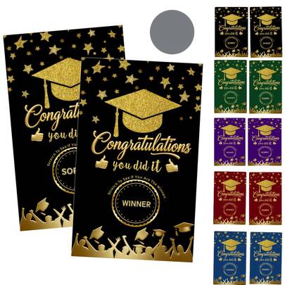 40pcs Graduation Scratch Cards (5 Color Options), Featuring Gold Glitter Graduation Cap, Stars, And Cheering Crowd Silhouette Patterns (Includes 5 Winning Cards And 35 "Sorry" Cards), Suitable For High School/College Graduation Ceremonies And Parties