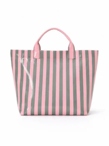 1个女士条纹透明手提包，大容量亮面PVC单肩包，轻便防水沙滩包，夏季旅行购物通勤手提包，休闲时尚手提包，适合日常通勤和旅行 - 彩色 - 查看 15