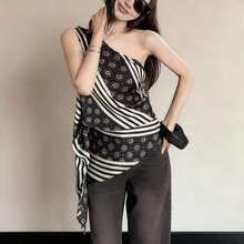 法式条纹印花不对称领吊带背心，修身显瘦设计，夏季不对称无袖上衣 - 黑色 - 查看 13