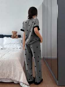 Dreamivo Valentine's Day Ruffled Elegant Women's Pajama Set - Striped Heart Pattern V-Neck Short Sleeve Top And Long Pants, Lightweight Sleepwear - Black - View 4
