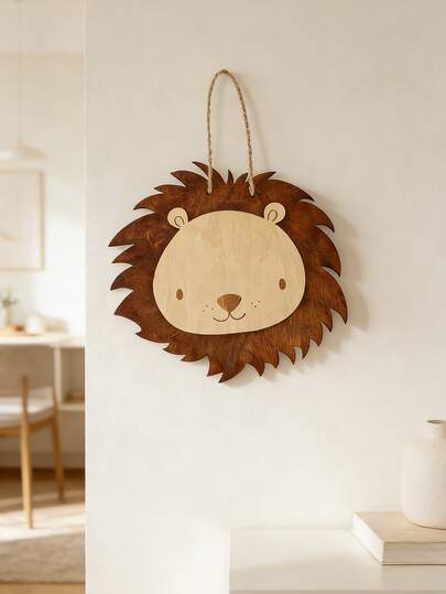 1pc Cute Cartoon Wooden Lion Head Wall Hanging Decor, Natural Wood Dual-Tone Design With Hemp Rope, Suitable For Children's Room, Kindergarten, Playroom Wall Decoration
