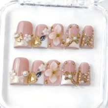 Mnails 10 PCS Handmade Duckbill Press-On Nails | Coquette Y2K Vibrant Pink-White Acrylic Nails, 3D Resin Flowers, Gold Butterfly & Sparkling Rhinestone Edgy Art (Tool Kit Included) - Nhiều màu - Xem 2
