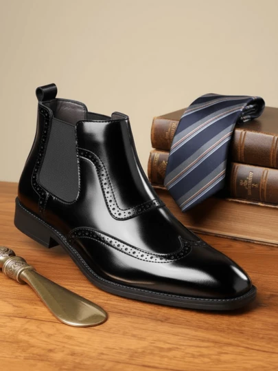 QRLQRL 1 Pair Men's Round Toe, Mid-Top, Lace-Up PU Leather Upper, Rubber Sole, Flat Heel, Carved Business Casual Chelsea Boots