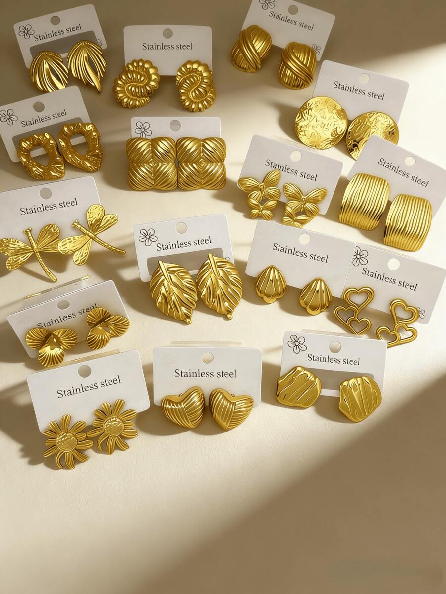 24pcs/Set - (Random Styles) Gold-Tone Earrings, Stainless Steel Material, Multi-Element Design, Elegant Style, Stainless Steel Earring Set, Perfect Earring Gift For Friends - Multicolor - View 1