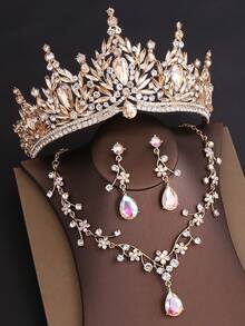 A Luxurious And Elegant Baroque Crystal Crown Necklace And Earring Set (4 Pieces), Perfect For Weddings, Parties, And Bridal Jewelry. - Colorful - View 1