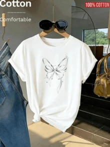 Maglietta casual bianca a maniche corte con scollo rotondo e stampa e scritta a quadrifoglio per ragazze, ideale per le studentesse estive, che stimola l'immaginazione e l'espressione di sé. - Bianco - Visualizzare 1