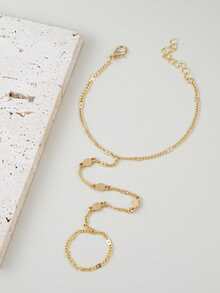 1pc Minimalist Round Disc Linked Finger Chain Bracelet, Gold Color, Suitable For Daily Wear For Women - Yellow Gold - View 4