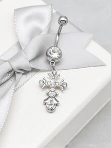 1 chiếc khuyên rốn hình thánh giá đính đá lấp lánh màu bạc, thích hợp cho nữ giới dự tiệc sinh nhật. - Bạc - Xem 2