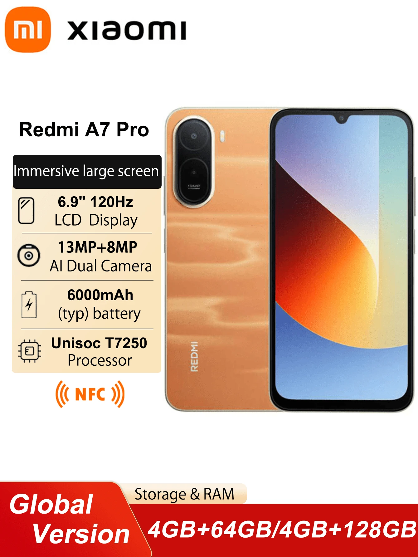 Redmi A7 Pro NFC Global Version Smartphone 6.9" Large Screen Display Battery Capacity 6000mAh 15W Fast Charging Powered By Xiaomi HyperOS 13MP AI Dual Camera - Orange - View 1