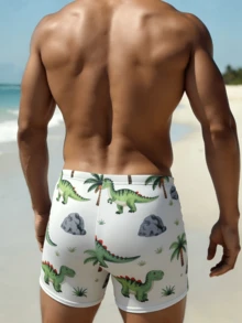 Men's Outdoor Sports Dinosaur Print Drawstring Waist Casual Swim Trunks, Vacation - Lime Green - View 3