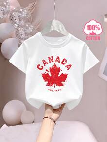 LadiesRound Neck Short-Sleeved T-Shirt With "Canadian Letters And Design Maple Leaf" Pattern Print, Pure Knitted Versatile, Suitable For Home, , Vacation And Other Diverse OccasionsSoft - White - View 7