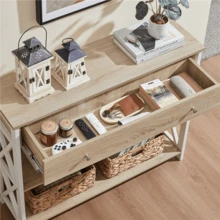 Butterslay Vintage Wooden Console Table 3-Tier Storage Sofa Table With Large Drawer & Open Shelves Slim Entryway Table Versatile 3-Layer Display Stand For Living Room Hallway Small Spaces, Light Oak/Rustic Brown/Taupe Wood - Light Oak - 查看 8