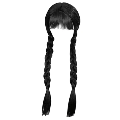 Tóc giả đen tết bím cho bé gái, thích hợp cho trang phục Gothic, tóc giả đen mềm mại dễ thương có mái cho nữ, thích hợp cho trang phục Halloween và Cosplay.